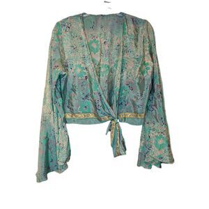 Unbranded Green Gold Floral Tie Front Silk Blend Top OS Hippie Grunge Retro Boho